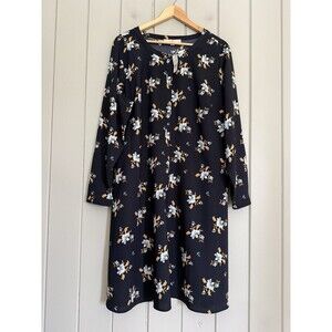 Loft Outlet Floral Dress 18 Navy Blue Floral Button Front Chiffon Long Sleeves